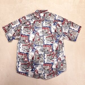 Vintage Thai Silk Mens SS Button Shirt L Windmill Castle Clock Print Red/Blue
